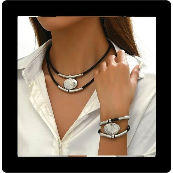 Jewelry - Black & Silver Rope Oval Acrylic Pendant Necklace And Bracelet Set For Women